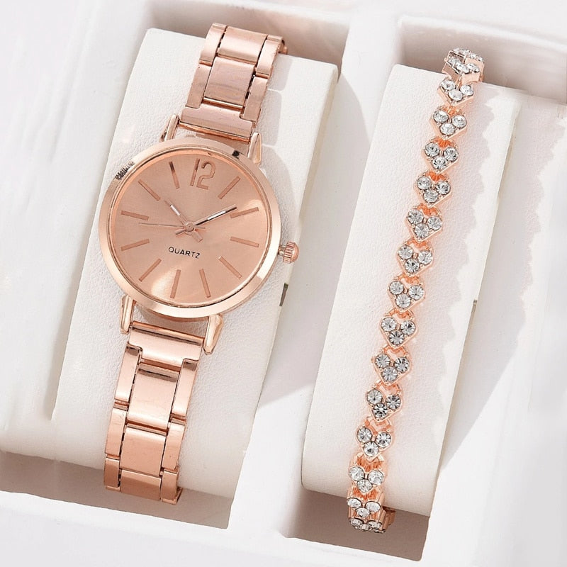 2pcs Set Watch Luxury Women Fashion Gold Bracelet Quartz Wristwatch