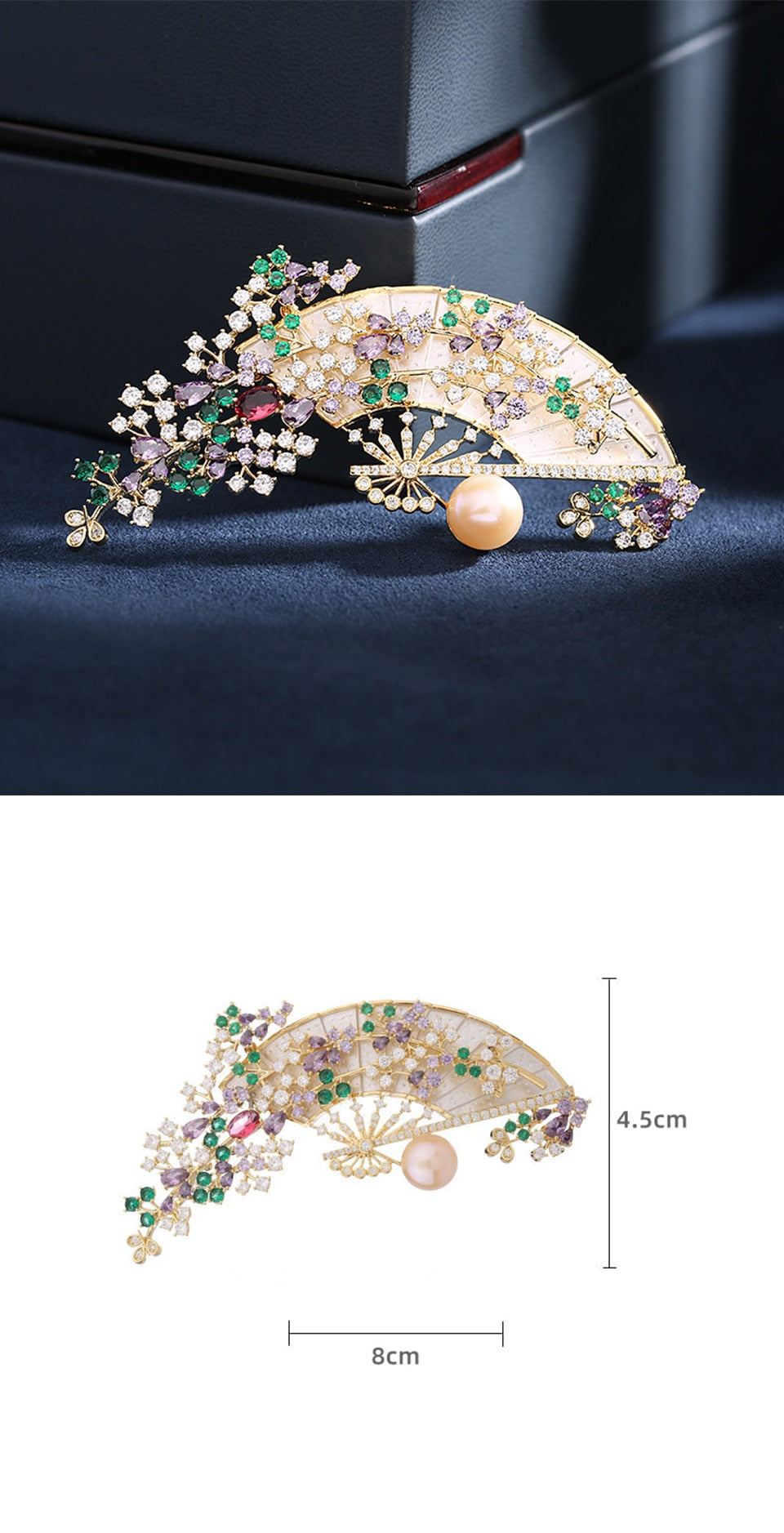 Copper Micro Inlaid Cubic Zirconia Elegant Retro Chinese Fan Brooch