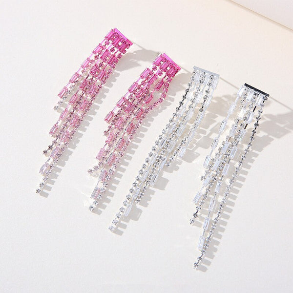 Beautiful Shinning White Pink Rhinestones Long Tassel Earrings For Women