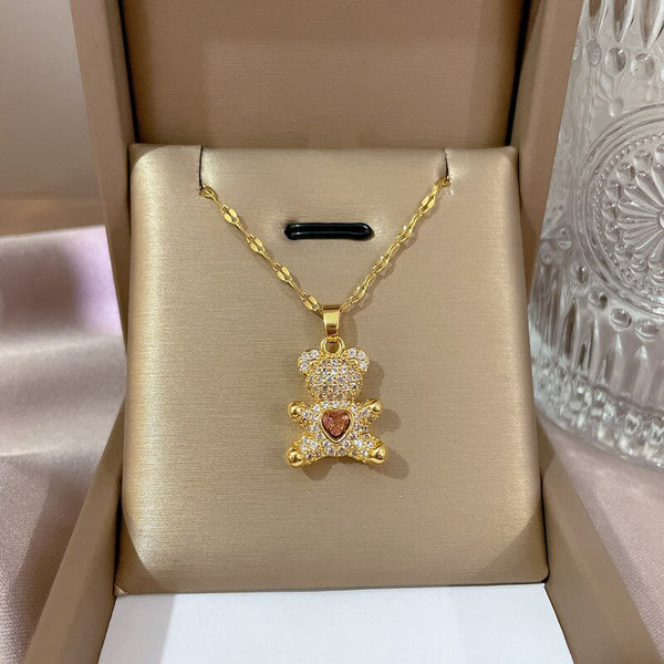 Korean Style Cute Bear Full Crystal Pendant Necklace for Women