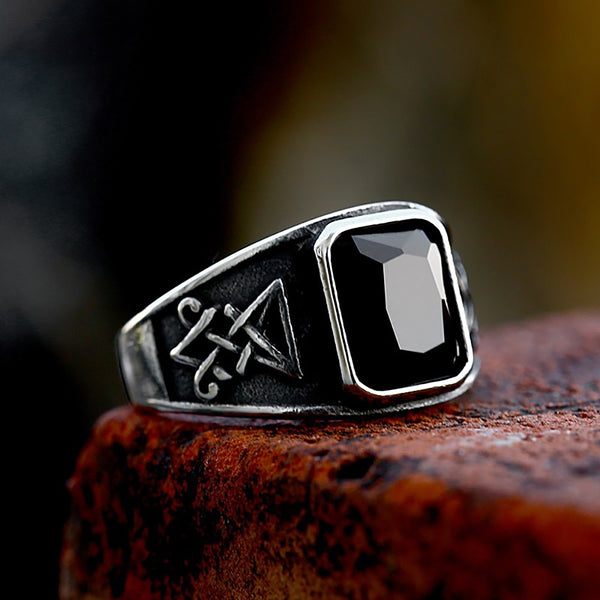 Vintage Stainless Steel Lucifer Satan Signet Rings Fashion Punk Black Stone Ring