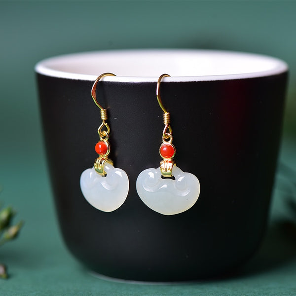 Natural Hetian jade white jade Ruyi earrings for women