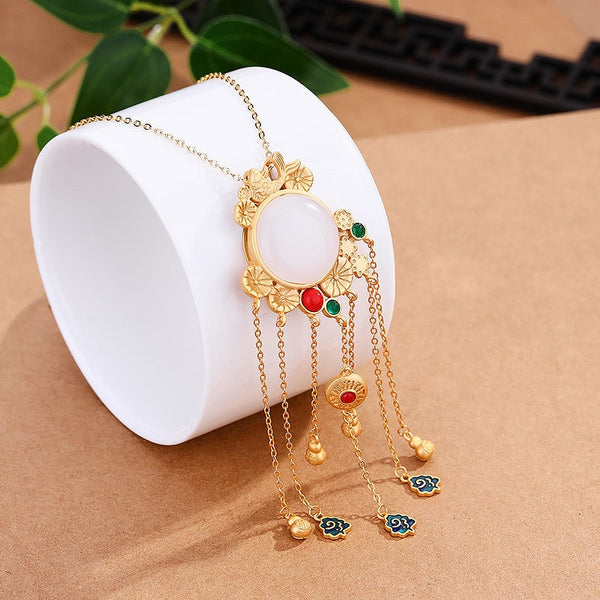 Creative Ancient Gold Craft inlaid enamel natural Hotan Jade tassel necklace