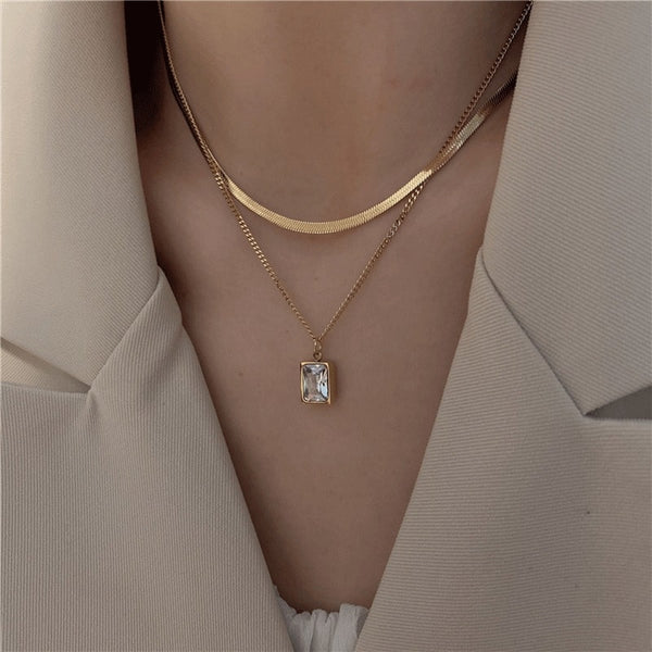 Fashion Fine Jewelry 2 Layer Geometry Embedded Zircon Charms Chain Choker Necklaces Pendant For Women