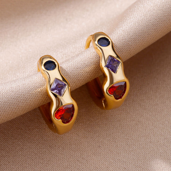 Colored Zircon Heart Hoop Earrings For Women