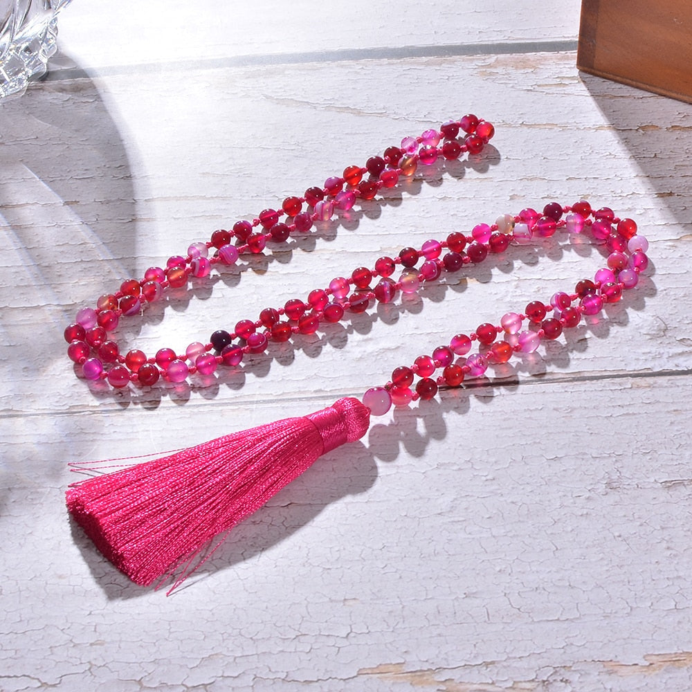 6mm Rose Red Striped Agate Beads Knotted 108 Mala Necklace