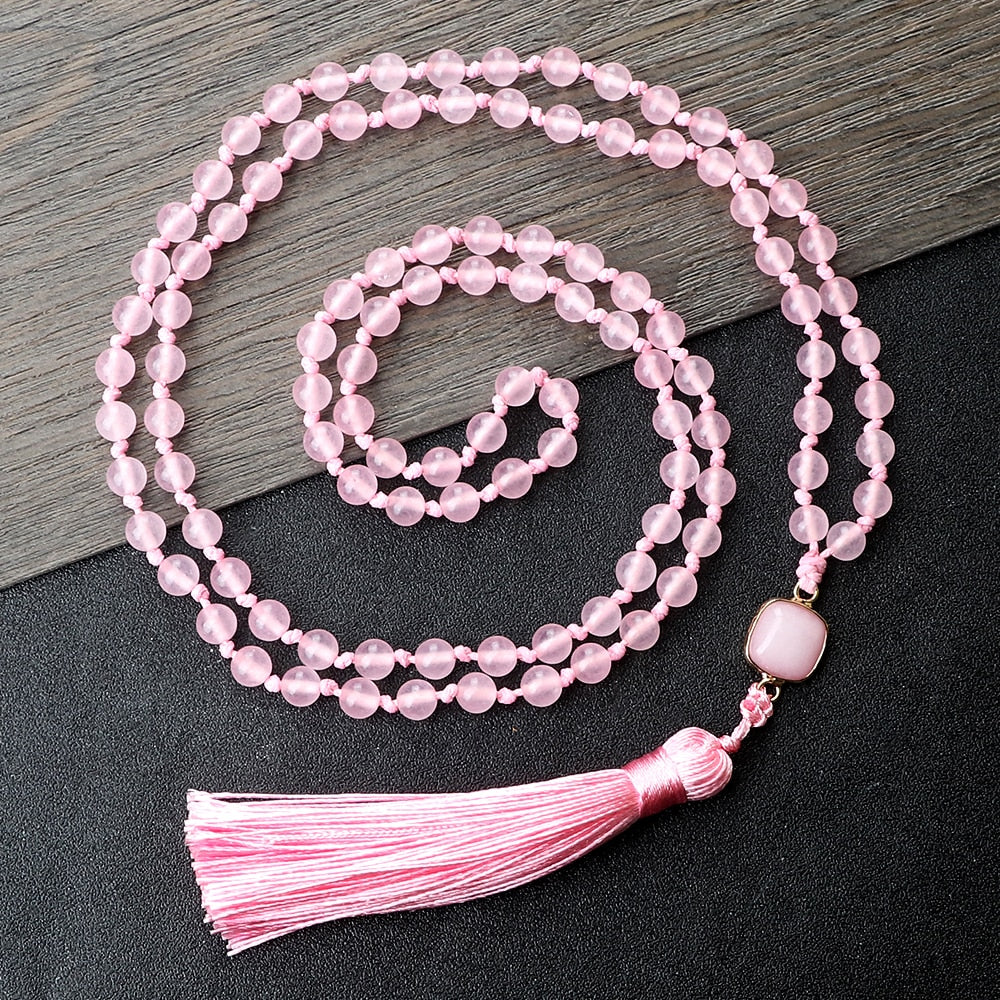 Fashion Natural Pink Chalcedony Beads Necklaces 108 Mala Beads Pendant Charm Women