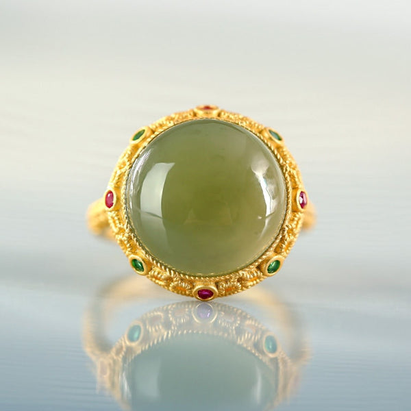 New design inlaid natural Hetian green jade egg face hollow color zirconium ring