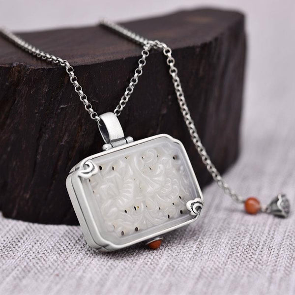 silver inlaid natural Hetian jade incense bag jade box necklace pendant