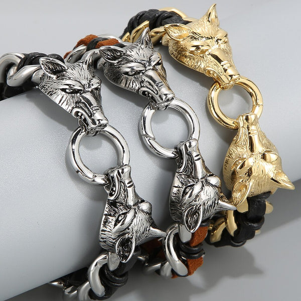 Weaved Leather Punk Wolf Bracelet Men Dragon Skull Heads Shaped Men