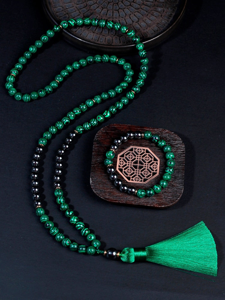 108 malachite stone beads Necklace With Cotton tassel Pendant