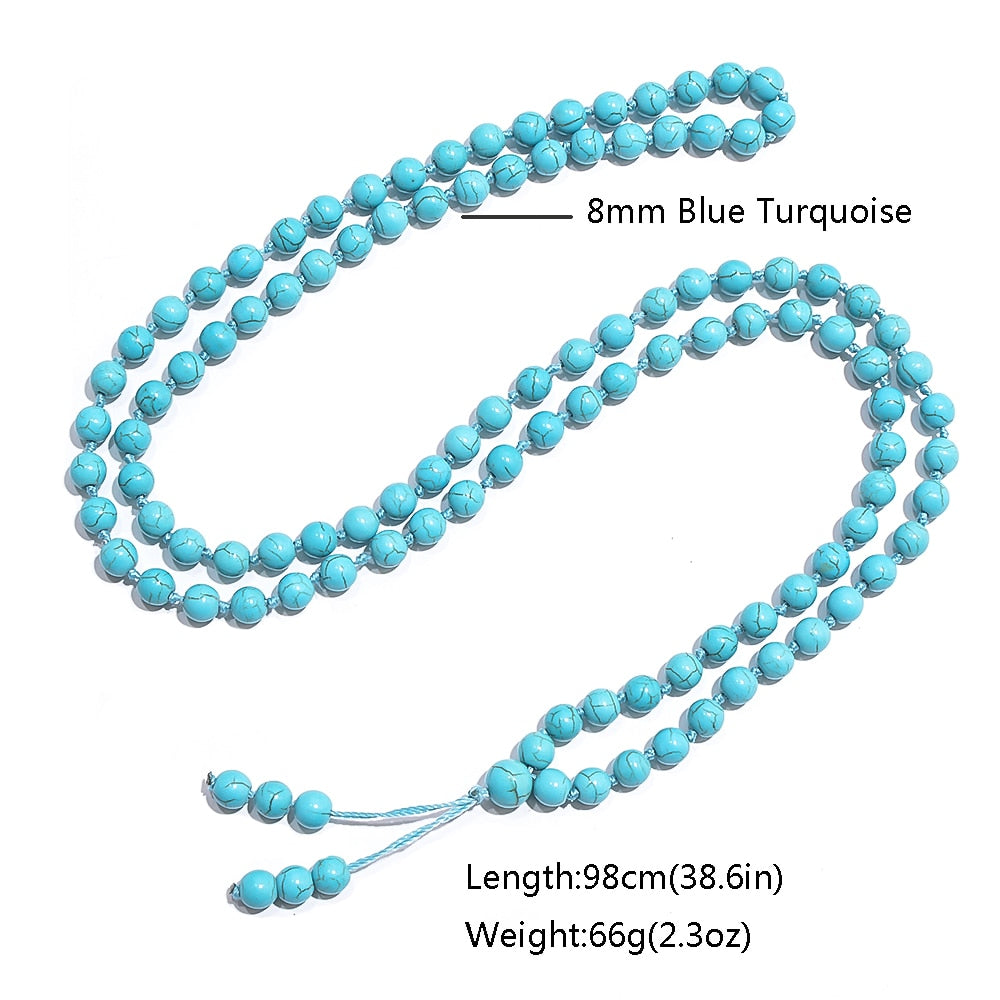 8mm Blue Turquoise Knotted 108 Mala Prayer Bead Necklace