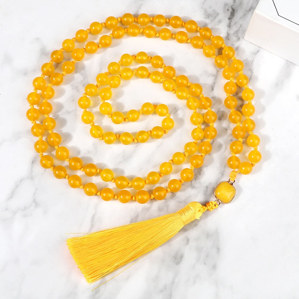 Fashion 108 Mala Natural Yellow Chalcedony Beads Necklaces For Women