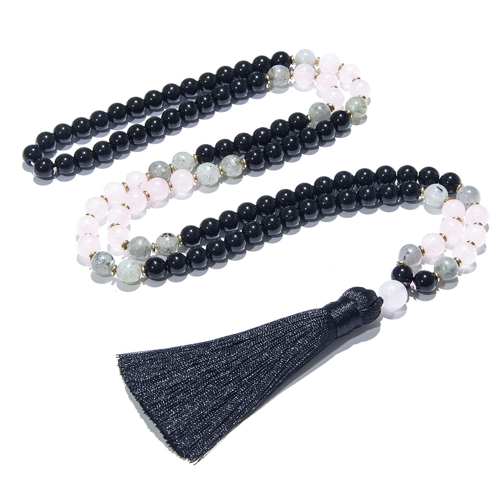 8mm Black Onyx Rose Quartz Labradorite Beaded 108 Japamala Necklace