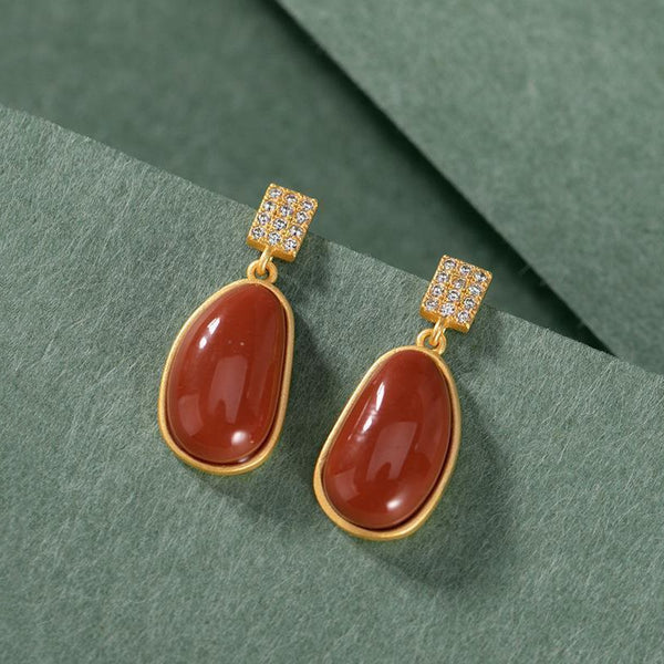 Ancient gold craftsmanship diamond-studded southern red tourmaline bean earrings