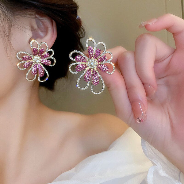 4cm Statement Big Rhinestones Flower Earrings For Women