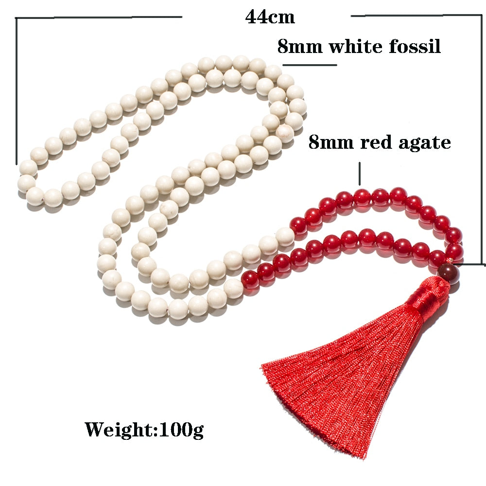 8mm White Fossil Red Agate Beaded 108 Mala Necklace