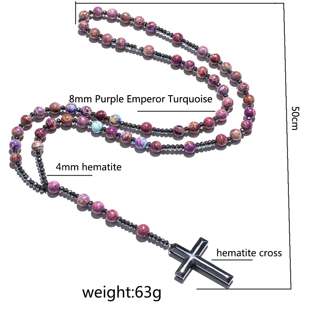 8mm Natural Stone Bead Hematite Cross Pendant For Men Women