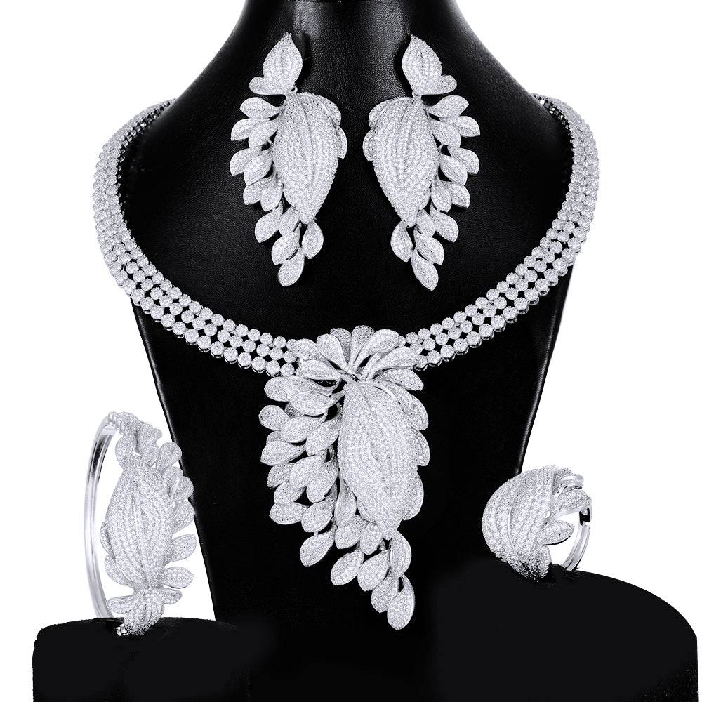 4PCS BIG Flower Leaf Naija Bride Cubic Zirconia Necklace Dubai Bridal Dress Jewelry Set