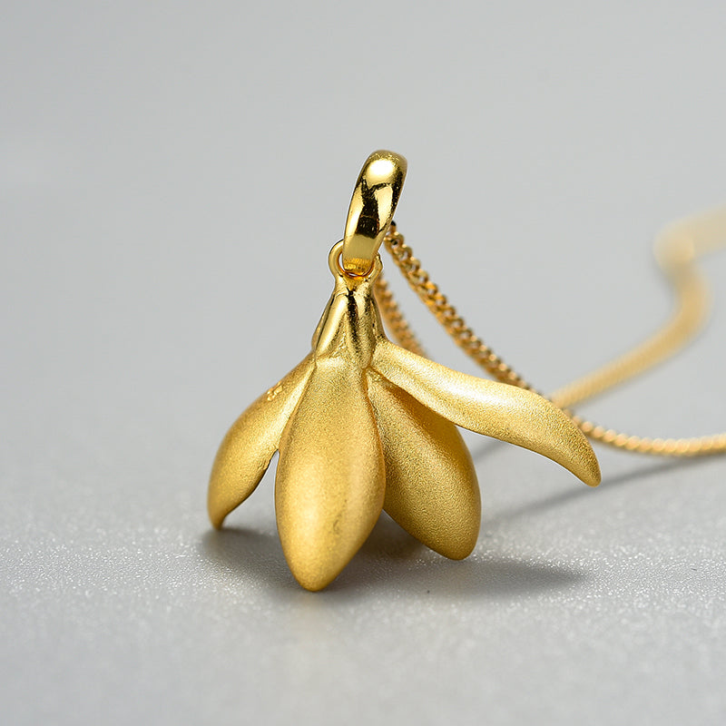 18K Gold Elegant Magnolia Flower Pendant without Necklace Real 925 Sterling Silver