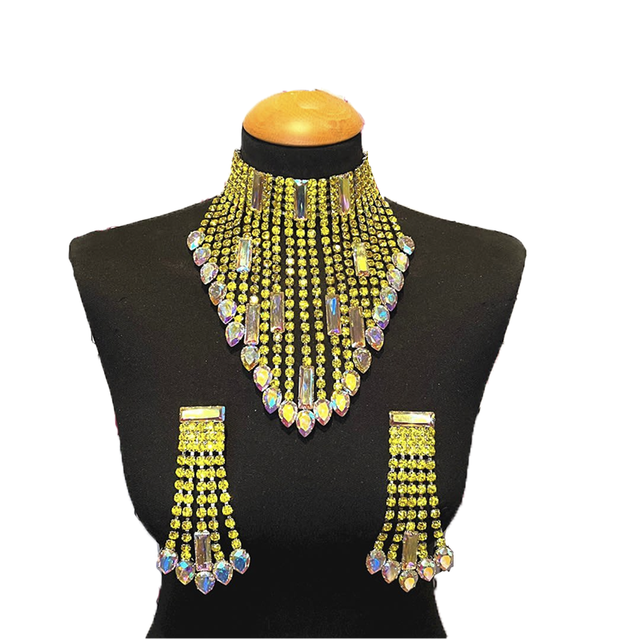 SS28 Rhinestone Bright Yellow Long Tassel Earring Necklace Set