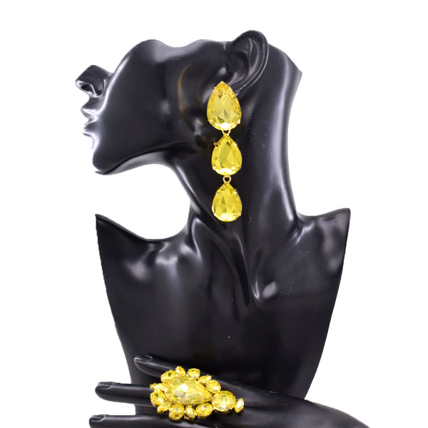 Bright Yellow Glass Gemstone Water Drop Earring Ring Set for Women