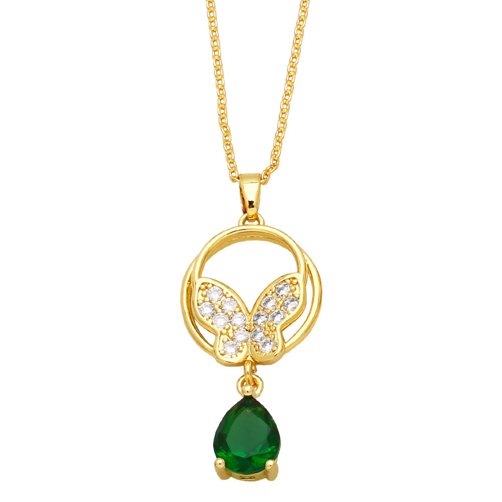 Clear Crystal Butterfly Necklaces Green Teardrop Tassel Necklaces for Women