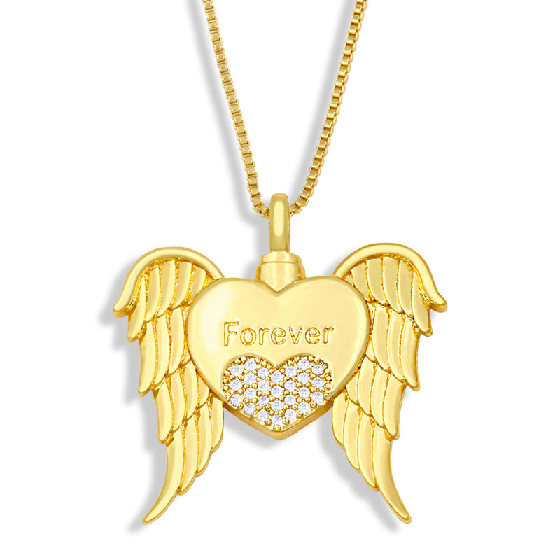 Gold Plated Chain Heart Mom Necklace For Women CZ Rhinestone Angel Wings Necklace