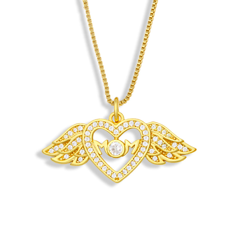 Gold Plated Chain Heart Mom Necklace For Women CZ Rhinestone Angel Wings Necklace