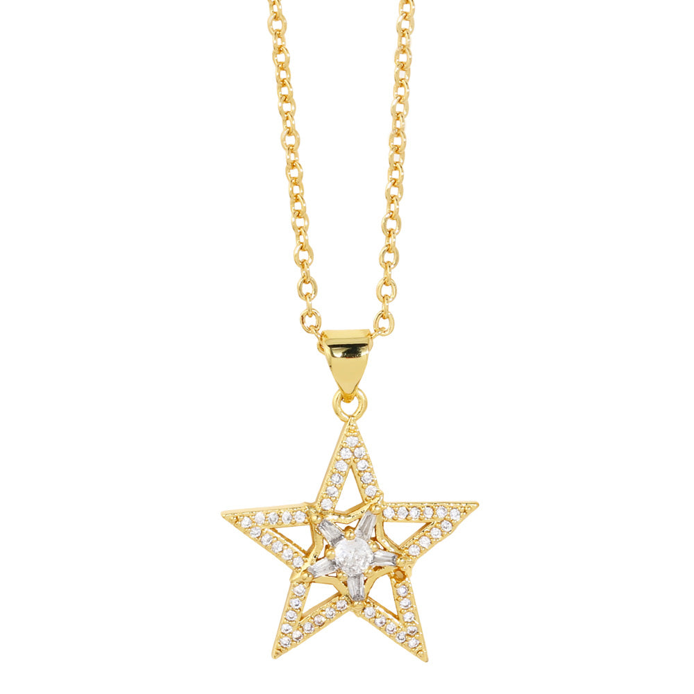 Copper Gold Plated Moon Star Necklaces for Women CZ Rhinestone Pentagram Necklaces