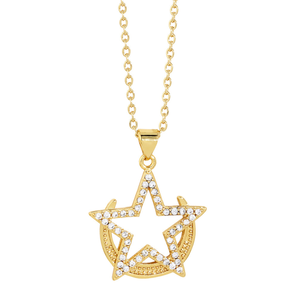 Copper Gold Plated Moon Star Necklaces for Women CZ Rhinestone Pentagram Necklaces