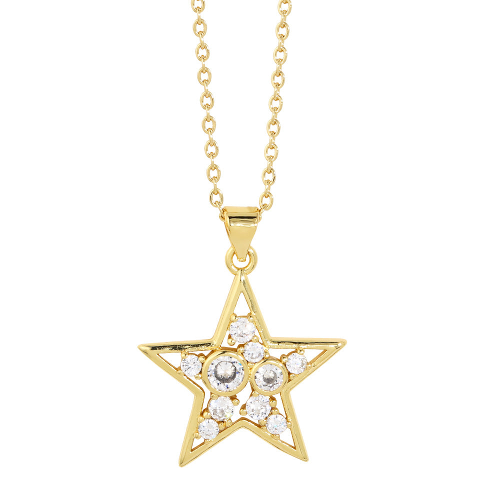 Copper Gold Plated Moon Star Necklaces for Women CZ Rhinestone Pentagram Necklaces