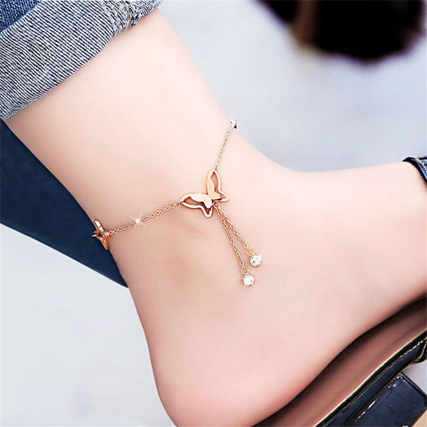 anklets with metal butterfly and rhinestone design