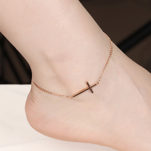 Stainless Steel Chain Simple Cross Anklets For Women