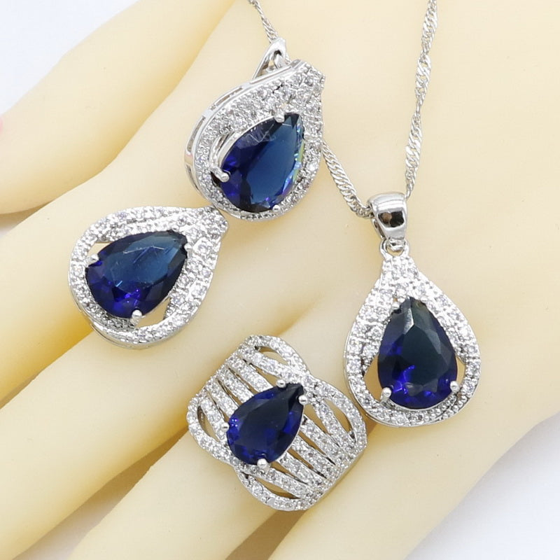 Royal Blue Semi-precious Silver Color Bridal Jewelry Sets