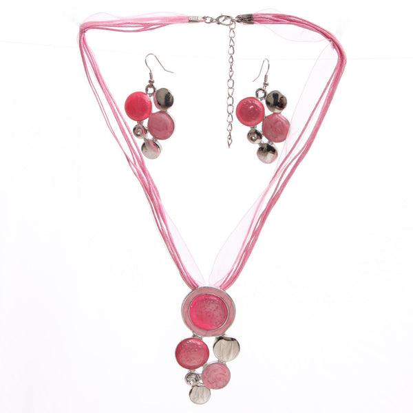 Pink Rope Chain Round Beads Pendant Necklace Drop Earring Jewelry Sets