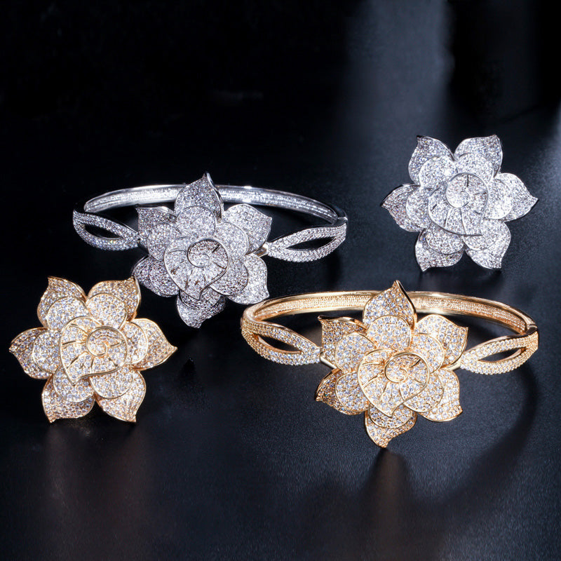 African AAA+ Cubic Zirconia Big Flower Shape Bangle Sets