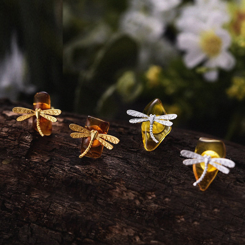 925 Sterling Silver 18K Gold Cute Dragonfly Stud Earrings