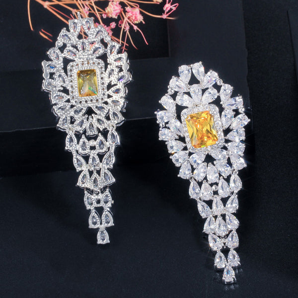 Vintage Women Party Long Earrings Jewelry With Yellow Stone