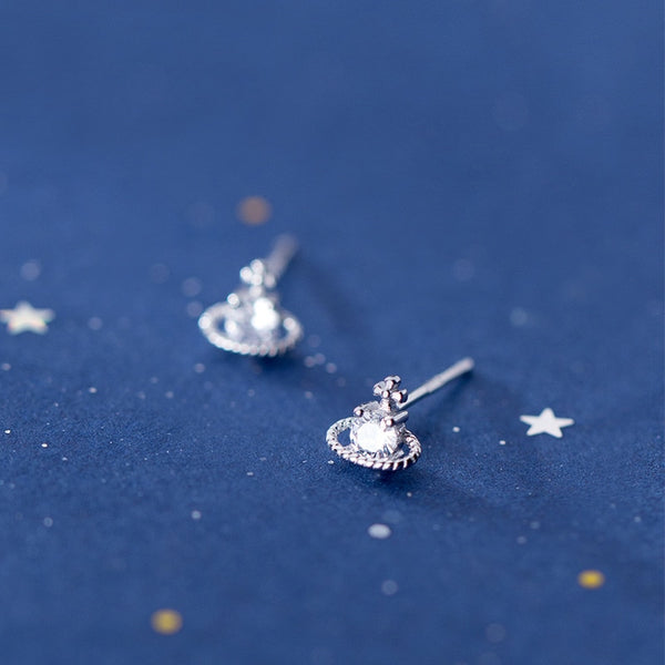 Classic 925 Sterling Silver Space Saturn Star Stud Earrings