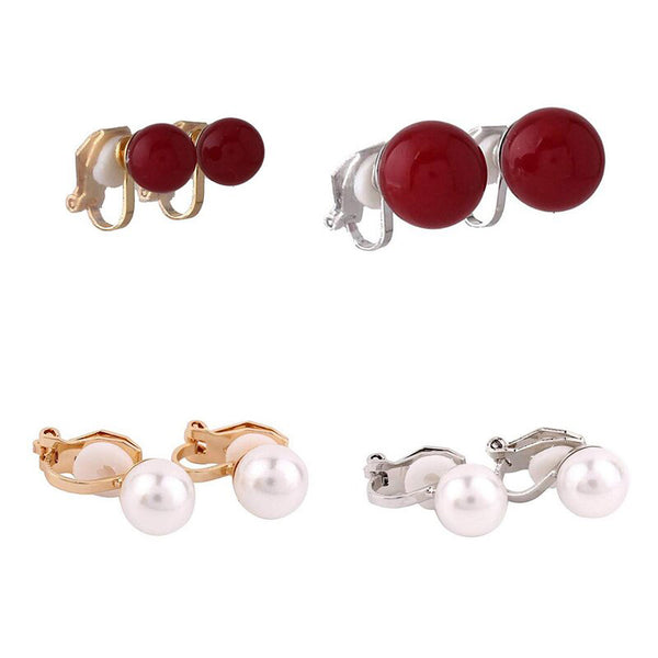 White Red Color Faux Pearl Clip on Earrings No Pierced for Women