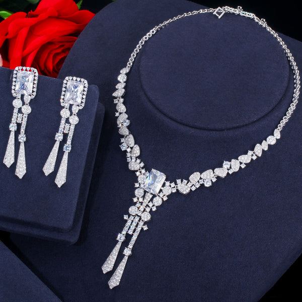 Luxury Yellow CZ Stone Dangle Drop Long Tassel Wedding Jewelry Sets T