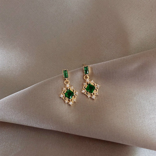 Neoclassical Fashion Geometric Compact Zircon Green Crystal Earrings