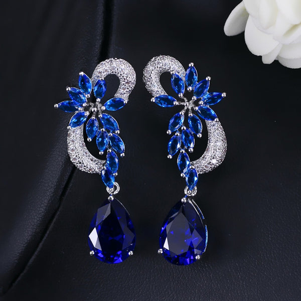 Zircons Non Pierced Vintage Royal Blue CZ Crystal Flower Bridal Clip Earrings