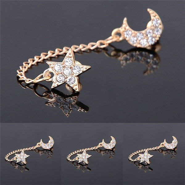 Vintage Two Piercing  Crystal Rhinestone Moon Star Ear Cuff