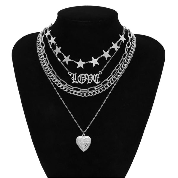 Multi layer Punk chain with heart stars  love pendant necklace