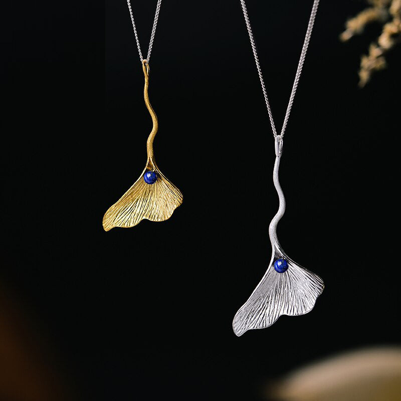 925 Sterling Silver Natural Lapis Handmade Fine Jewelry Ginkgo Leaf Pendant