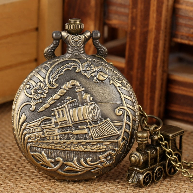 Bronze Train Locomotive Engine Quartz Pocket Watch