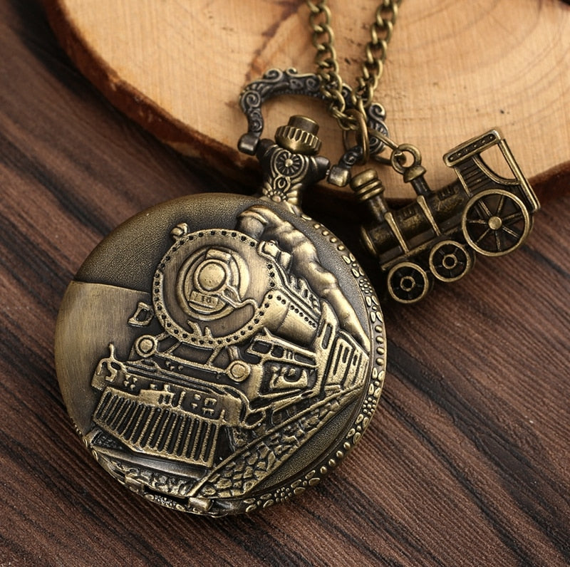 Bronze Train Locomotive Engine Quartz Pocket Watch