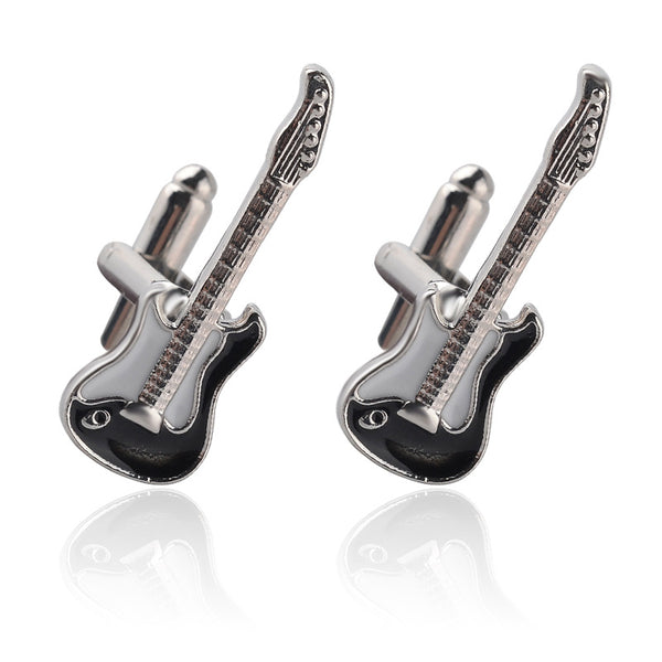 Fashion Guitar Musical Instruments Black Enamel Cufflinks